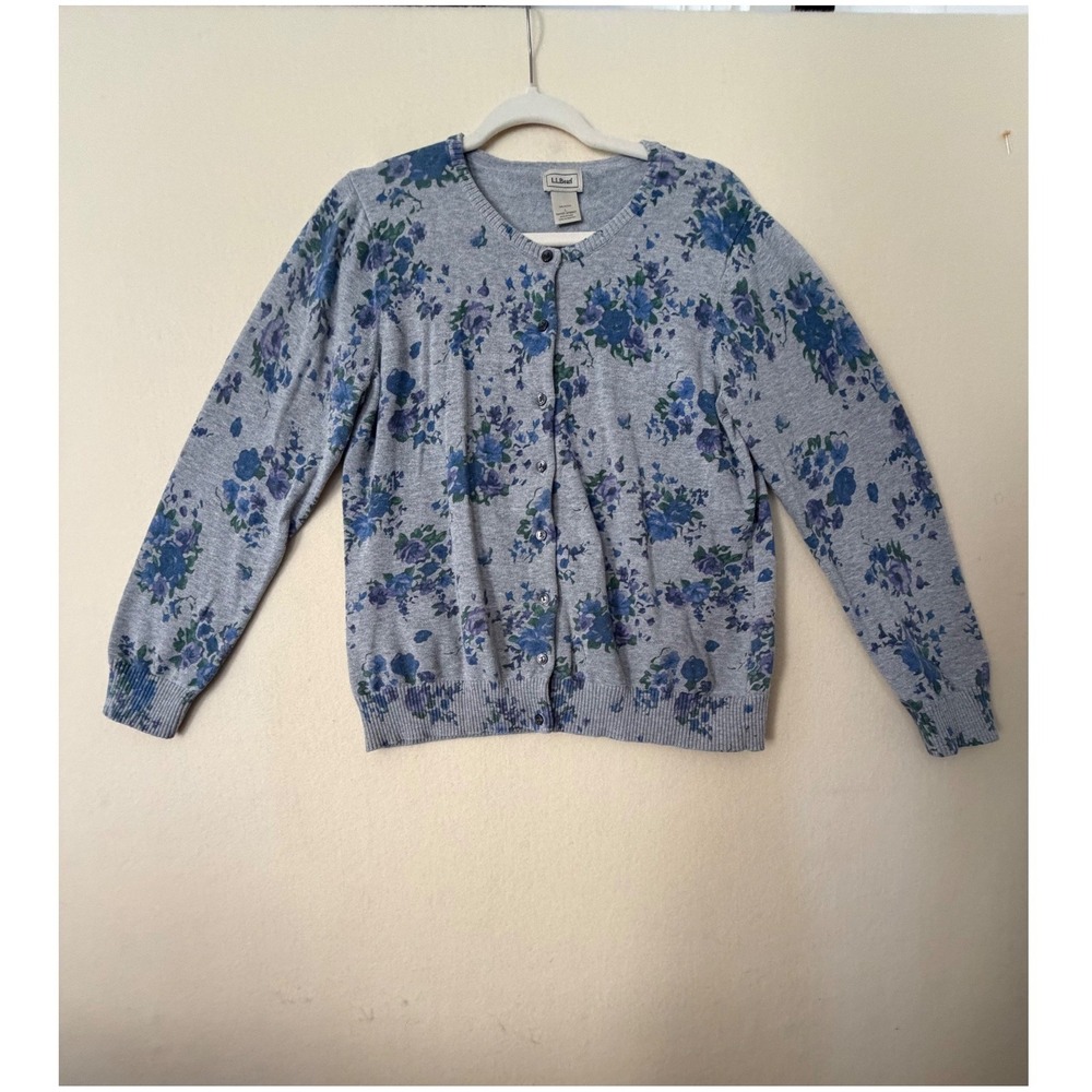 LL Bean Womens Large Gray Floral Cotton Cardigan Sweater Blue Purple 279507